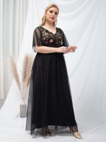 SHEIN Belle Plus Floral Embroidery Sequin Insert Butterfly Sleeve Mesh Prom Dress - Black - View 8