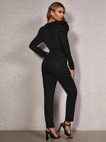 SHEIN Privé Solid Zip Back Puff Sleeve Jumpsuit Without Belt - Black - View 2