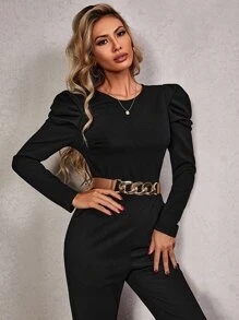 SHEIN Privé Solid Zip Back Puff Sleeve Jumpsuit Without Belt - Black - View 5