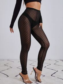 SHEIN BAE Quần tất nữ cắt Sọc ca rô Gợi cảm - màu đen - Xem 1