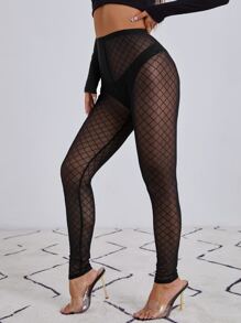 SHEIN BAE Quần tất nữ cắt Sọc ca rô Gợi cảm - màu đen - Xem 4