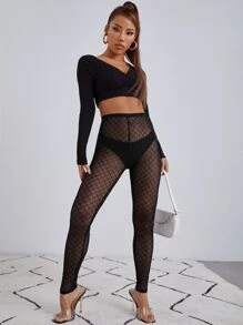 SHEIN BAE Quần tất nữ cắt Sọc ca rô Gợi cảm - màu đen - Xem 5