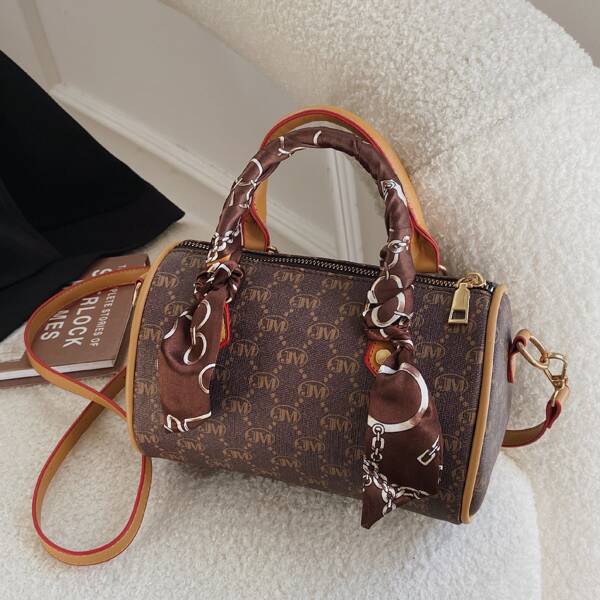 

Allover Print Scarf Decor Boston Bag, Brown