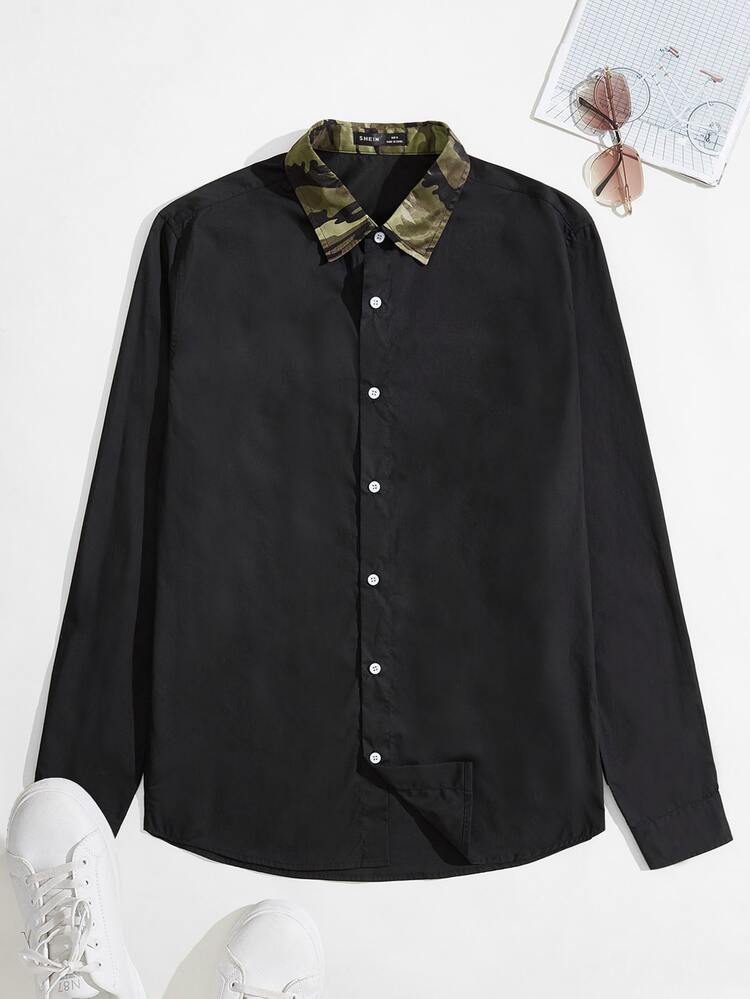 Manfinity Men Contrast Camo Collar Shirt - Black - View 1
