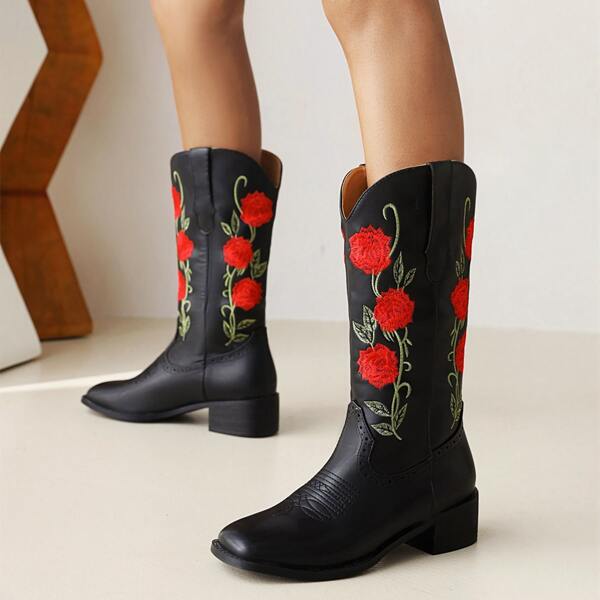 

Floral Embroidery Chunky Heeled Boots, Black