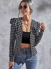SHEIN Clasi Houndstooth Print Gigot Sleeve Open Front Jacket - Black and White - View 1