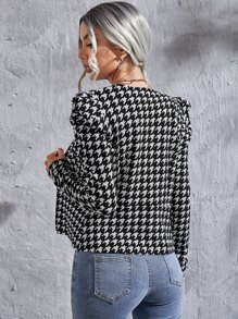SHEIN Clasi Houndstooth Print Gigot Sleeve Open Front Jacket - Black and White - View 2