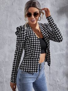 SHEIN Clasi Houndstooth Print Gigot Sleeve Open Front Jacket - Black and White - View 4