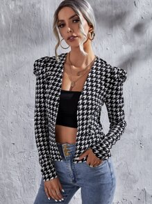 SHEIN Clasi Houndstooth Print Gigot Sleeve Open Front Jacket - Black and White - View 5
