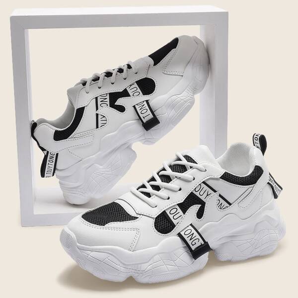 

Letter Tape Decor Lace-up Front Chunky Sneakers, Black and white