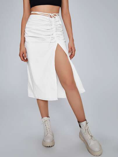 Drawstring Ruched Split Hem Skirt