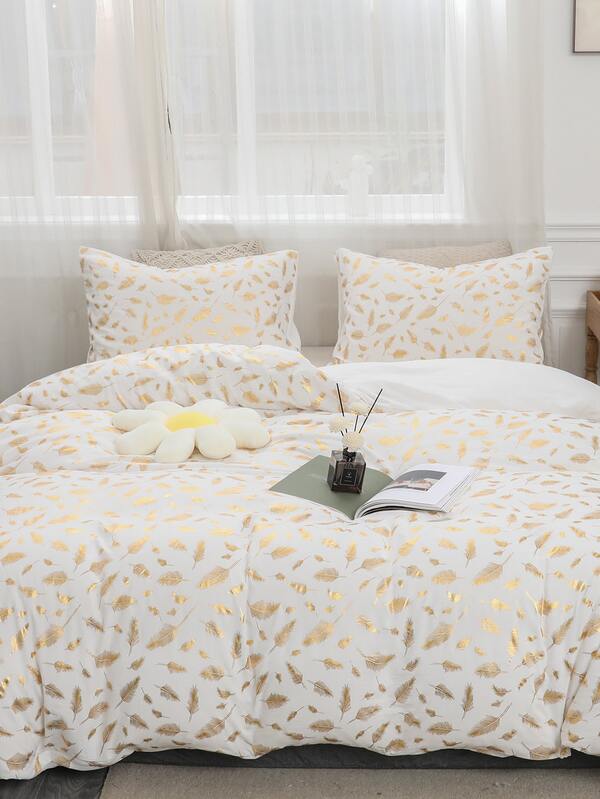 Metallic Feather Print Duvet Cover Set Without Filler SHEIN USA