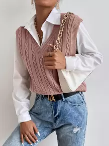 Chiquease Cable Knit Sweater Vest Without Blouse - Dusty Pink - View 3