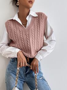 Chiquease Cable Knit Sweater Vest Without Blouse - Dusty Pink - View 4