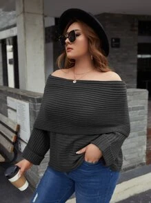 SHEIN Plus Off The Shoulder Overlap Detail Sweater - Dark Grey - View 1