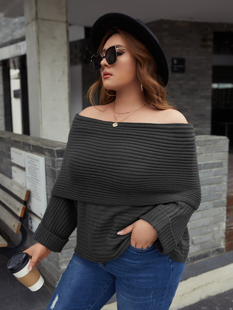 SHEIN Plus Off The Shoulder Overlap Detail Sweater - Dark Grey - View 1