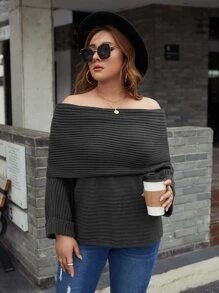 SHEIN Plus Off The Shoulder Overlap Detail Sweater - Dark Grey - View 3
