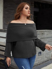 SHEIN Plus Off The Shoulder Overlap Detail Sweater - Dark Grey - View 4