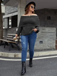 SHEIN Plus Off The Shoulder Overlap Detail Sweater - Dark Grey - View 5