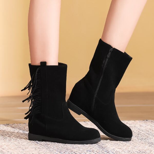 

Fringe Decor Side Zipper Boots, Black