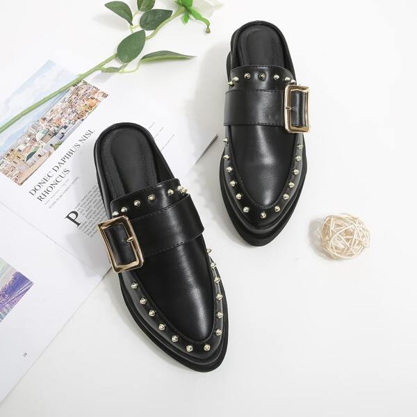 

Studded & Buckle Decor Point Toe Flatform Mules, Black