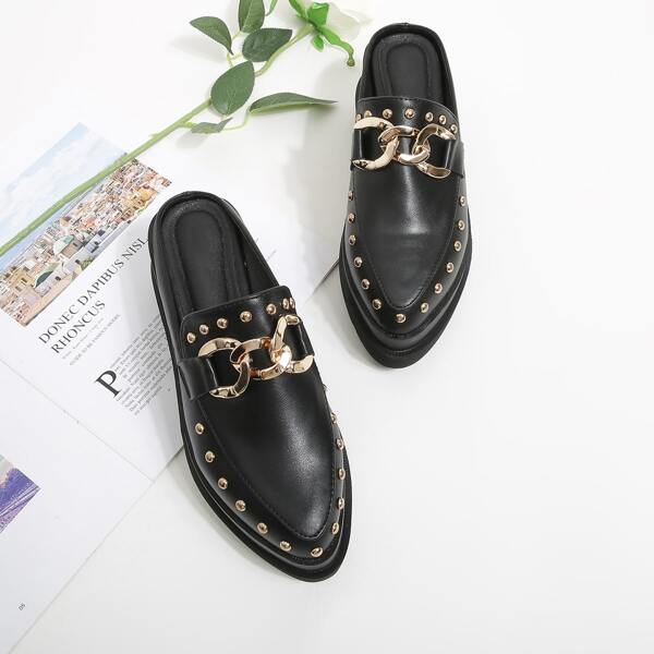 

Studded & Chain Decor Flatform Mules, Black