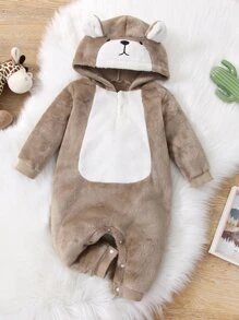 嬰兒卡通刺繡3D耳朵設計連帽法蘭絨連身褲 - 彩色 - 查看 1