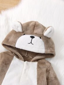 嬰兒卡通刺繡3D耳朵設計連帽法蘭絨連身褲 - 彩色 - 查看 4