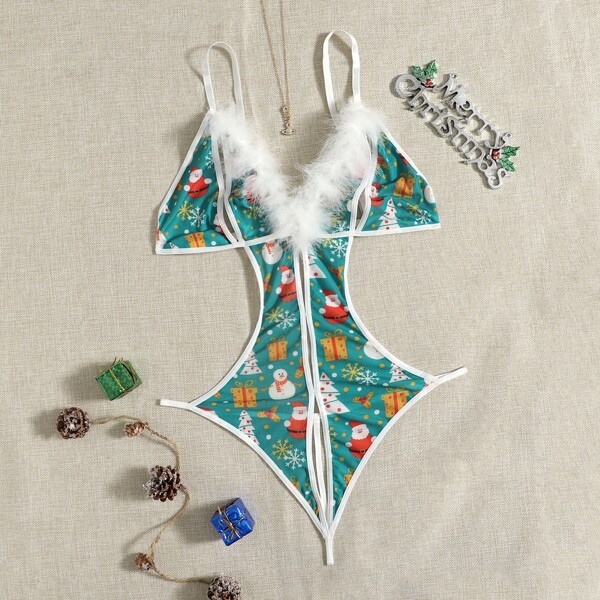 

Plus Christmas Print Cut-out Mesh Teddy Bodysuit, Multicolor