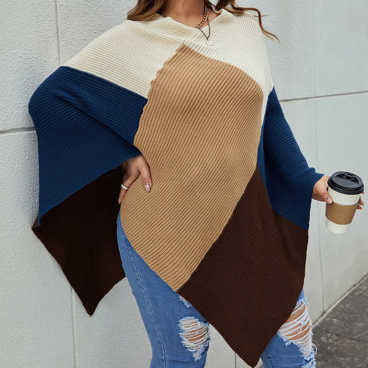 размера плюс Пончо Контрастный вязаный