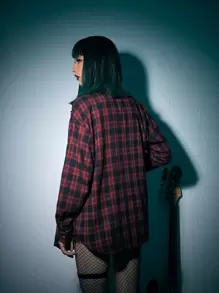 ROMWE Grunge Punk Camisa a cuadros con botones al frente estilo K-pop - Rojo - Ver 2