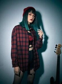 ROMWE Grunge Punk Camisa a cuadros con botones al frente estilo K-pop - Rojo - Ver 3