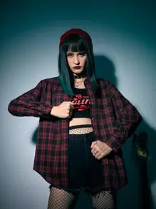 ROMWE Grunge Punk Camisa a cuadros con botones al frente estilo K-pop - Rojo - Ver 4