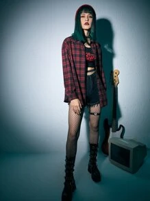 ROMWE Grunge Punk Camisa a cuadros con botones al frente estilo K-pop - Rojo - Ver 5
