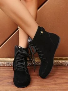 Fashionable Classic Pure Black Boots With Minimalist Front Lace Design - Black - View 2