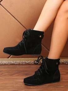 Fashionable Classic Pure Black Boots With Minimalist Front Lace Design - Black - View 3