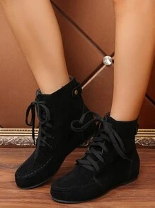 Fashionable Classic Pure Black Boots With Minimalist Front Lace Design - Black - View 4