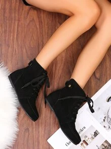 Fashionable Classic Pure Black Boots With Minimalist Front Lace Design - Black - View 6