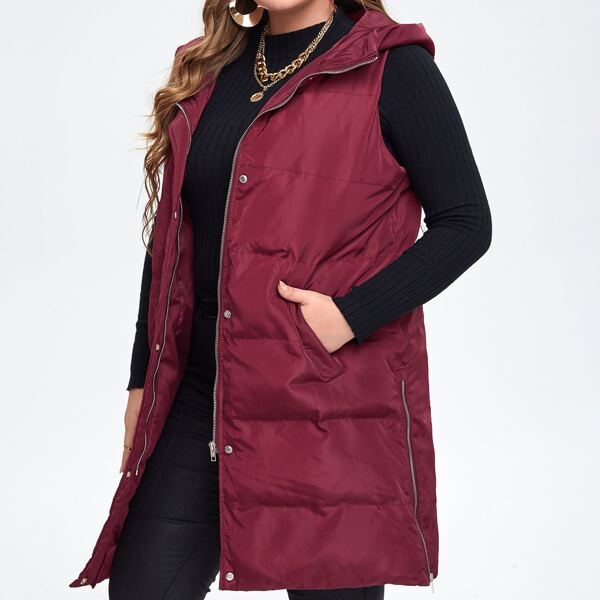 

Plus Plicated Slant Pockets Sleeveless Hooded Puffer Coat, Burgundy