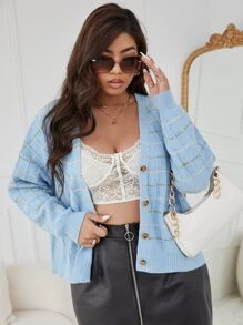 SHEIN Essnce Plus Plaid Pattern Drop Shoulder Cardigan - Baby Blue - View 1