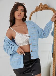 SHEIN Essnce Plus Plaid Pattern Drop Shoulder Cardigan - Baby Blue - View 3