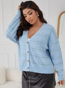 SHEIN Essnce Plus Plaid Pattern Drop Shoulder Cardigan - Baby Blue - View 4