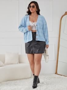SHEIN Essnce Plus Plaid Pattern Drop Shoulder Cardigan - Baby Blue - View 5