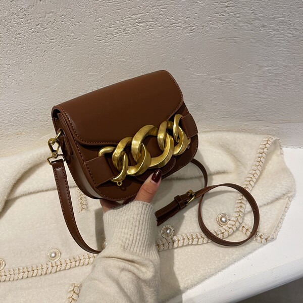 

Chain Decor Crossbody Saddle Bag, Brown