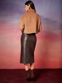 SHEIN BAE Áo khoác ngoài nữ Túi Nút phía trước màu trơn Giải trí - màu nâu - Xem 4