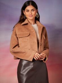 SHEIN BAE Áo khoác ngoài nữ Túi Nút phía trước màu trơn Giải trí - màu nâu - Xem 5