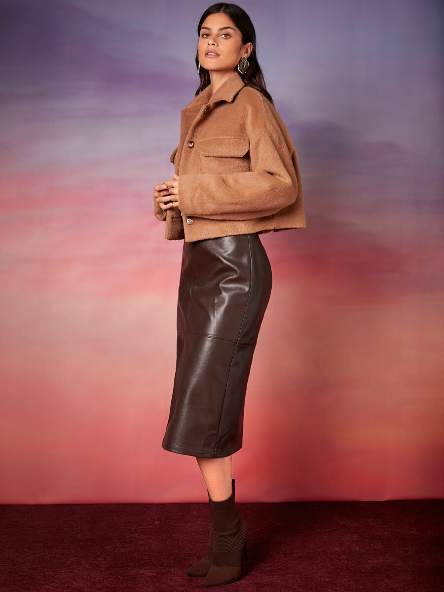 SHEIN BAE Áo khoác ngoài nữ Túi Nút phía trước màu trơn Giải trí - màu nâu - Xem 1