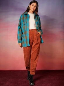 SHEIN Plaid Flap Pocket Drop Shoulder Overcoat - Multicolor - View 5