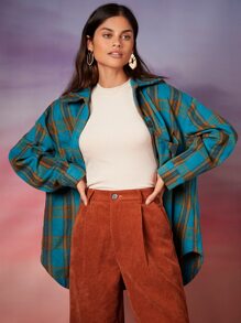 SHEIN Plaid Flap Pocket Drop Shoulder Overcoat - Multicolor - View 1