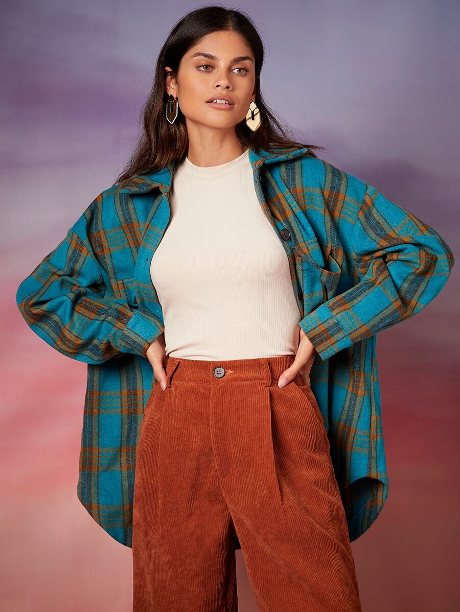 SHEIN Plaid Flap Pocket Drop Shoulder Overcoat - Multicolor - View 1